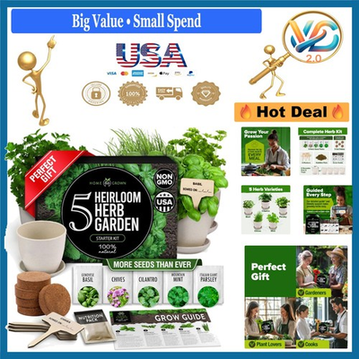 #ad Indoor Herb Garden Starter Kit 5 Non GMO Heirloom Seeds Complete Gift for ... $36.63
