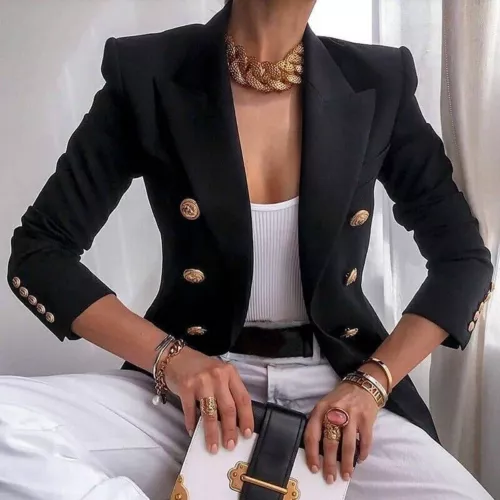Zweireihiger Damen Blazer Mantel Langarm Revers formell schmale Jacke Oberbekleidung | - Bild 17 von 26