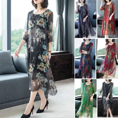 Women Chiffon Print Midi Dress Half Sleeves Casual Loose A-line Retro Ethnic - Picture 1 of 22