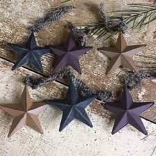 Set/6 Black Tan Burgundy Barn Stars Star 3" Primitive Ornament Double Sided