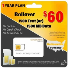 SpeedTalk SIM Card ROLLOVER Text  & Data Canada Mexico Roaming -1 Year Service