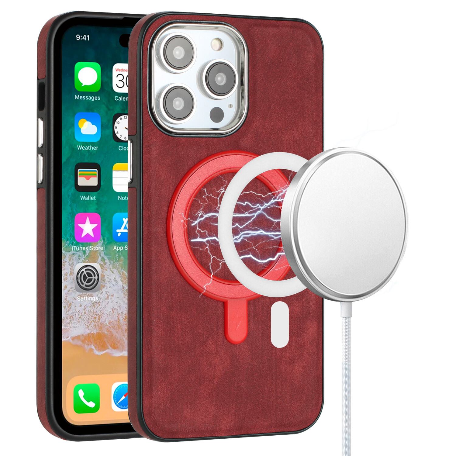 MagSafe Compatible Premium Leather Case for iPhone 14 Pro - Red