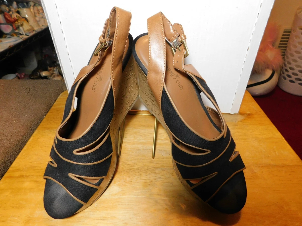 Shoes Montego Bay Club Platform Heels Black Brown Sandals Wedge