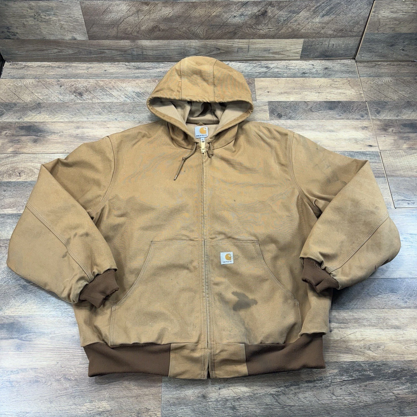 Carhartt XL Reg J131 BRN Distress Stain Canvas Thermal Lined Jacket USA Union