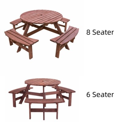 6/8 Seater Wooden Round Picnic Table and Bench Set Outdoor