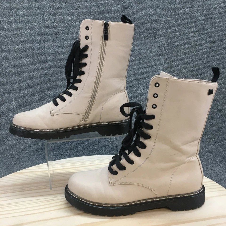 MTNG Combat Boots Womens 41 Cream Faux Leather Side Zip Mid Calf Round Toe - Image 2 of 4
