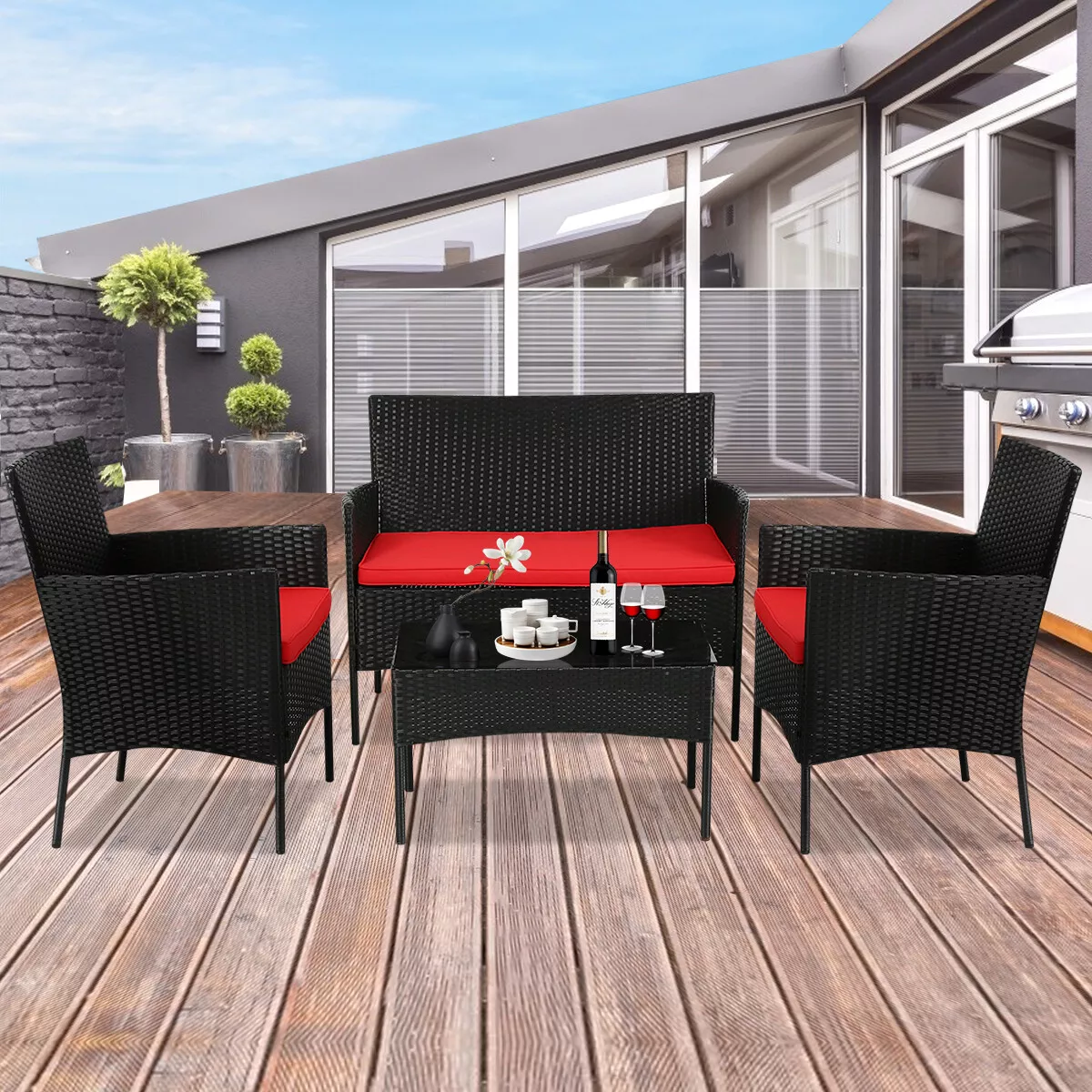 4pcs Outdoor Wicker Patio Furniture Sets with Glass Coffee Table, Rattan Chair Wicker Furniture for Garden Backyard Poolside Balcony Porch Patio