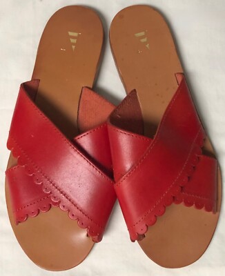 NANTUCKET SOLE CLASSIC RED LEATHER CROSS WIDE STRAP SLIDE SANDALS SPAIN SZ 38