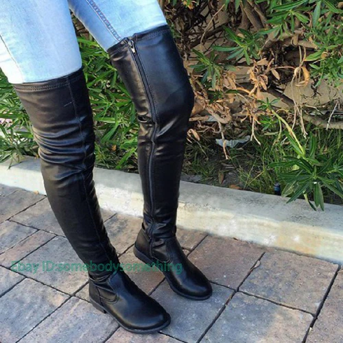 Trendy Woman Over Knee Women Boots Thigh High Side Zip Low Chunky Heels Shoes - Bild 3 von 8