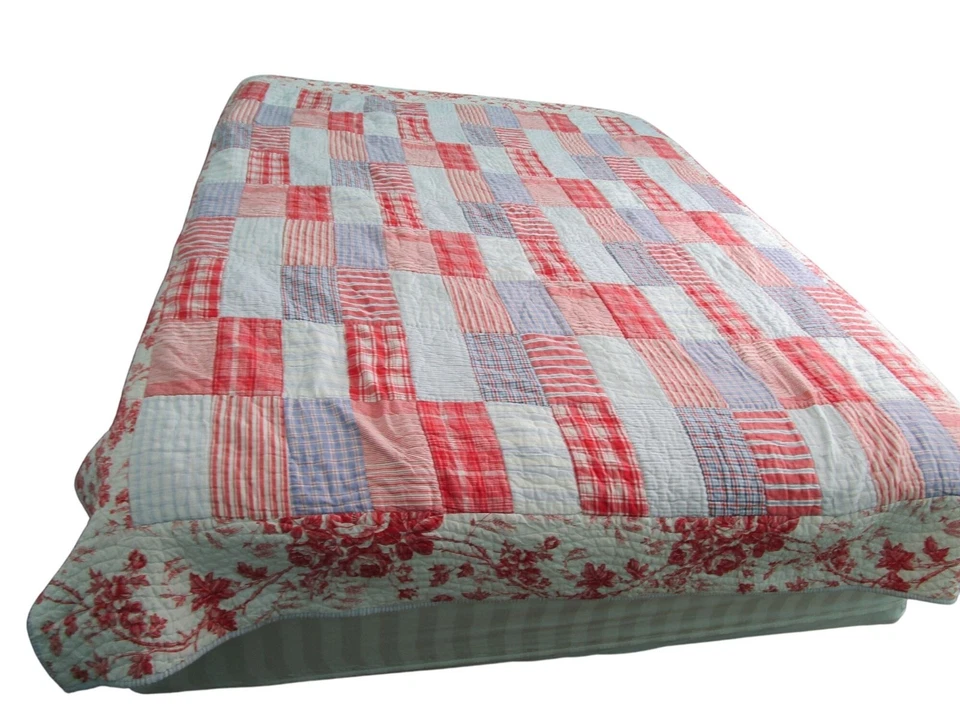 Pottery Barn Plaid Patchwork Red Floral Toile Quilt Full Cotton GUC Holes - Image 4 of 4