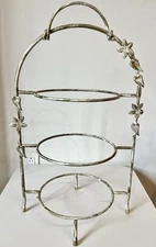 Metal 3-Tier Plate Serving Stand Flower & Leaf Design Antique Look ~Pick Up Only