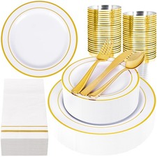 GATHER 350PCS Gold Plastic Plates - White and Gold Disposable Plastic Dinnerw...