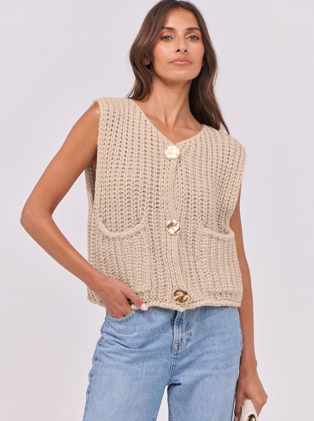 NEW Women’s Chunky Knit Button Down Sweater Vest Beige Size Small With Pockets
