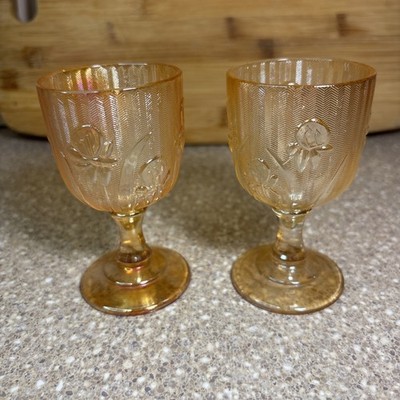2 Jeannette Glass Iris and Herringbone Marigold Iridescent short wine goblets.