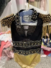 Glamour Costumes Gold & Black Studded Jazz Dance Costume MC Child Rhinestone