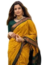 Pappylon Women Kanjivaram Soft Cotton Linen Silk Saree With Blouse Yellow Green