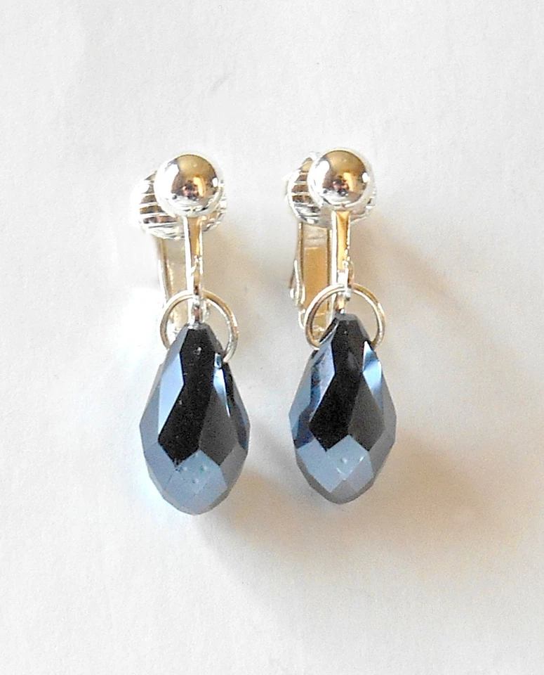 LITTLE BLACK GLASS CRYSTAL DROPS - SILVER PLATED CLIP ON EARRINGS (hook options) - Image 2 of 2