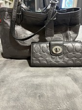 Coach Gray Signature Medium Tote Silver Hardware, lined, and matching wallet.