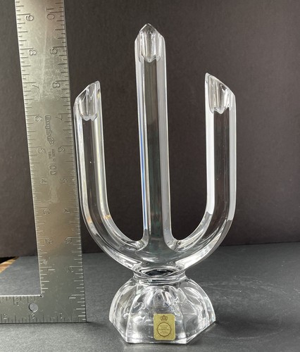 Vtg Blekristall W. Germany Crystal Tri Candelabra Rare Candle Holder w/ Label - Picture 7 of 8