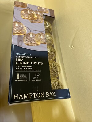 Hampton Bay LED String Light 12 ft' Battery 10 Bulbs Metal Cage Porches ...