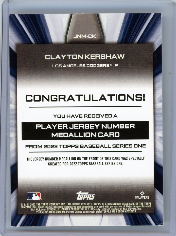 ⚾ CLAYTON KERSHAW 2022 TOPPS COMMEMORATIVE JERSEY NUMBER MEDALLION