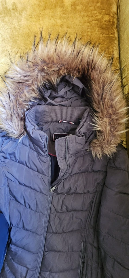 Tommy Hilfiger Abrigo acolchado acolchado acolchado para mujer Chaqueta larga con capucha Gris Talla 1X Foto 3 de 4