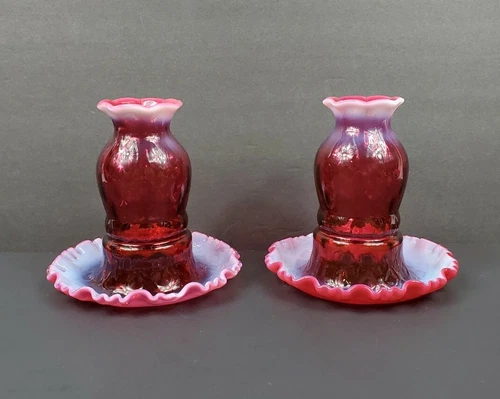 Pair of Fenton Cranberry Opalescent One Piece 1 Pc Fairy Lamps Diamond Optic EUC