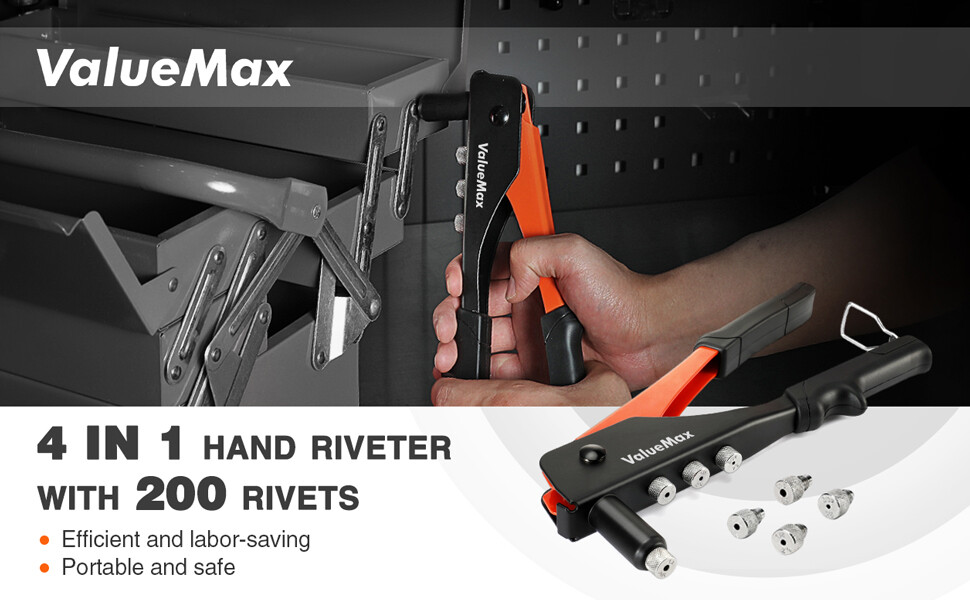 ValueMax 4-in-1 Hand Riveter/Rivet Gun Pop Rivet Tool Kit 200 Rivet 4 Nosepieces