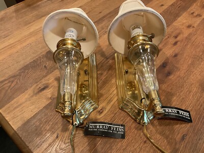 PAIR (2) MURRAY FEISS  LEAD CRYSTAL & BRASS WALL SCONCES w SHADES WB1068PB - NWT