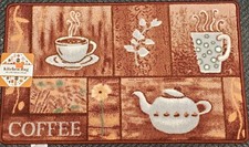 PRINTED NYLON KITCHEN RUG nonskid 18" x 30" COFFEE CUPS TEA POT, rect., RT