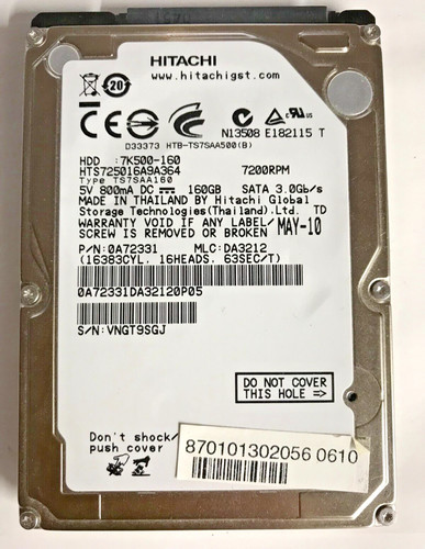 160 GB SATA NOTEBOOK FESTPLATTE HITACHI HTS725016A9A364 2,5'' ZOLL #NFP612