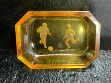 Open Salt Cellar Intaglio Boys Ball Soccer Czech Amber Glass Vintage
