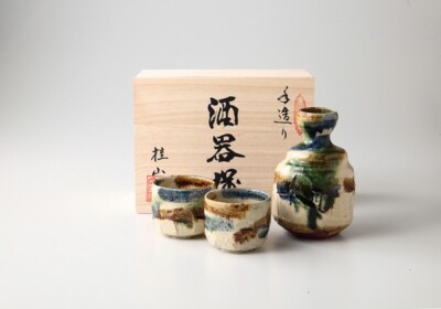 Mino ware Japanese Sake cup and bottle set of 3Keizan kiln Mingei Oribe Japan