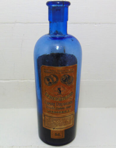 Magníficamente etiquetado C.J. Botella de veneno azul/medicina Hewlett of London c1910+ - Imagen 1 de 13