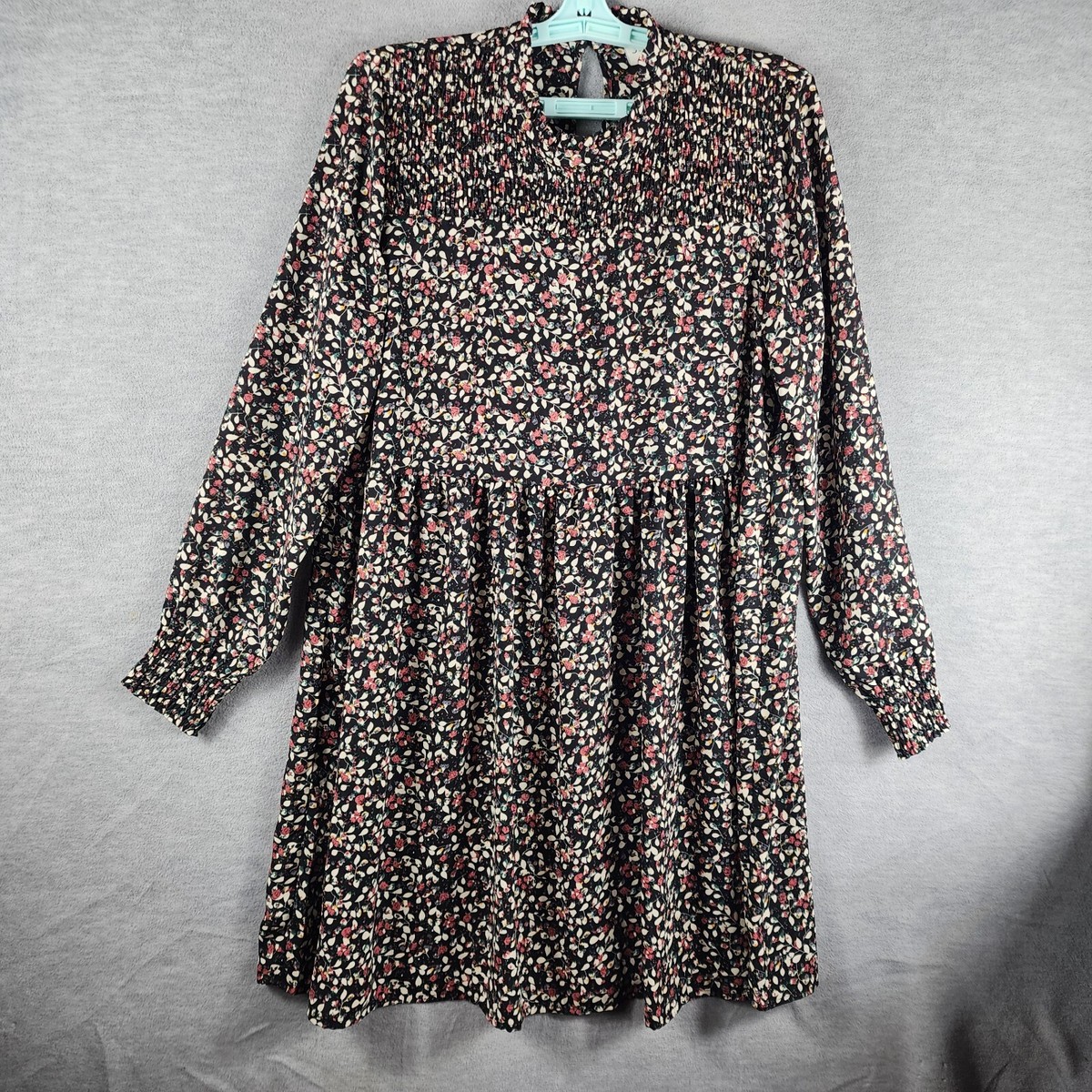 JDY Women Smock Short Dress 7/8 Black Pink Floral Shirred Long Slv