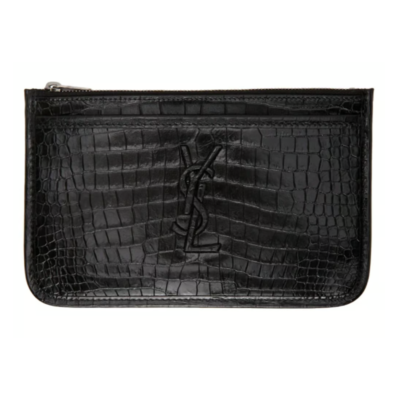 NEW SAINT LAURENT CROC BLACK LEATHER ZIP YSL POUCH BAG WALLET CARD
