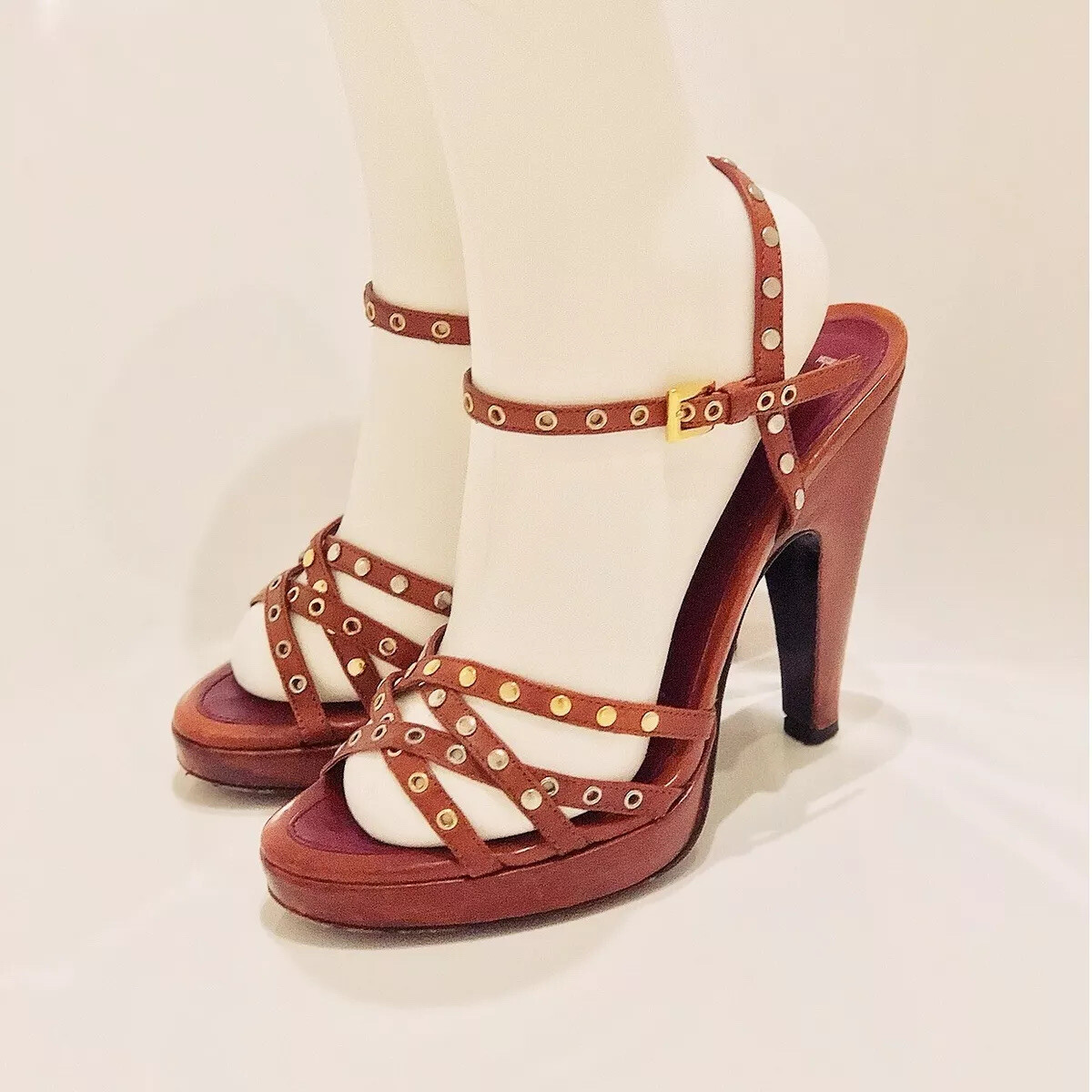 PRADA Brown Strappy Leather Rivot Grommet Stud Open Toe High