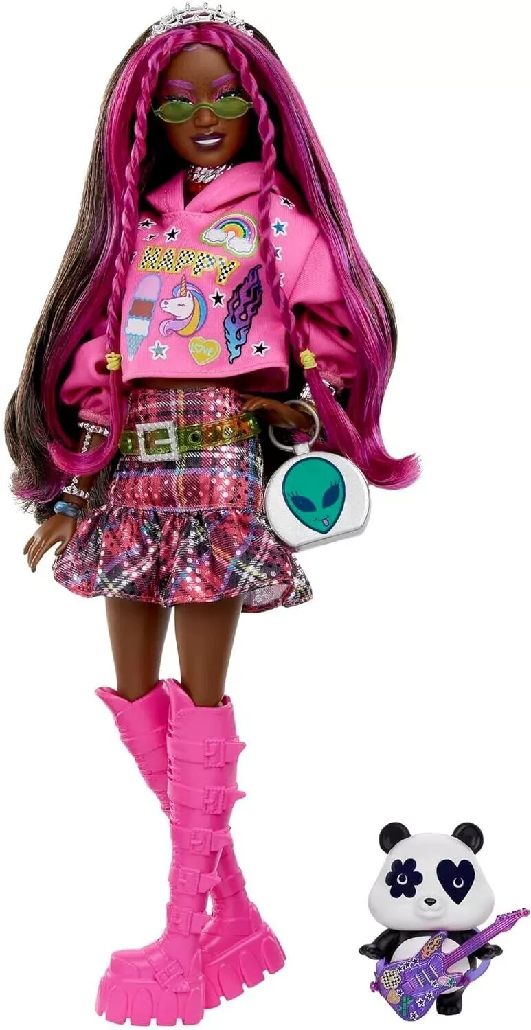 Barbie Extra Fashion Doll with Pink-Streaked Brunette Hair in Graphic Hoodie