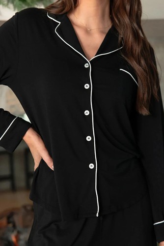 Cozy Earth Top Tall Pyjama Stretch Bambus Langarm Oberteil Damen XXL schwarz