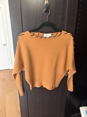M Magaschoni Mustard Yellow Ribbed Boatneck Sweater with Contrast Stitch Trim
