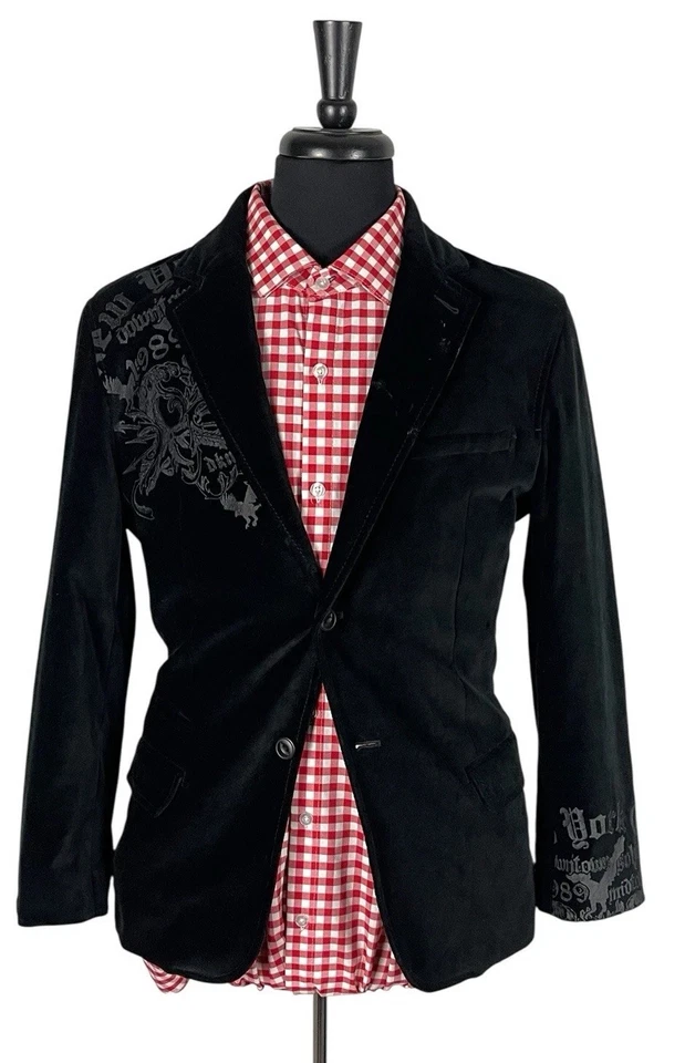 Blazer DKNY Para Hombres Negro Terciopelo Bordado Gráfico Traje Chaqueta/Abrigo Talla Mediana Foto 2 de 4