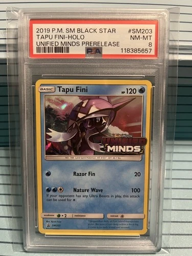 Prerelease Tapu Fini Holo BLACK STAR PROMO SM203 Unified Minds PSA 8