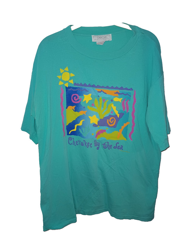 Vintage Cherokee Green Short Sleeve Tropical Art  Fish T Shirt Large