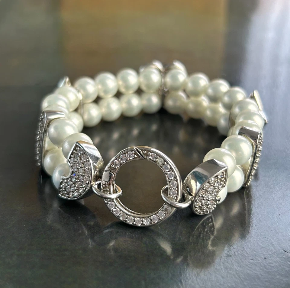STERLING SILVER 925 Multi Strand White Simulated Pearl Bracelet Pave CZ Charms - Image 2 of 4