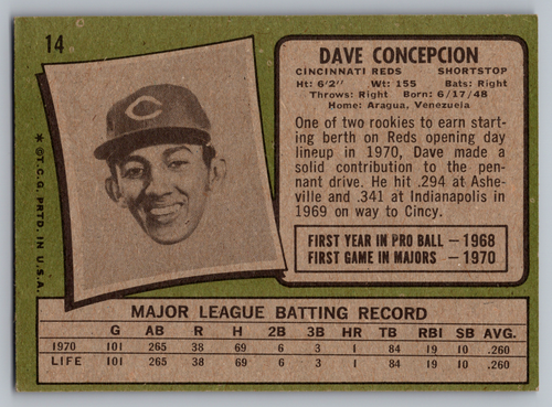 1971 TOPPS #14 DAVE CONCEPCION REDS ROOKIE - Picture 2 of 3