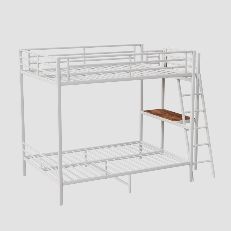 Modern Metal Bunk Bed Full Size White Bed Frame w/LED light and Charging Socket