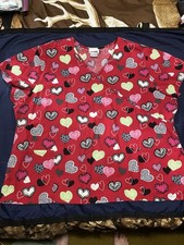 Women  s 3XL Scrub Star Red Heart Patterned Mock Wrap Scrub Uniform Top Shirt