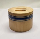 Hull Yellow Ware Butter Crock Blue Stripes and Ribbed  with Lid Yellowware