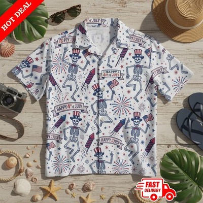 Patriotic Skeleton 4th of July Hawaiian Shirt | Uncle Sam Skeleton & Fireworks