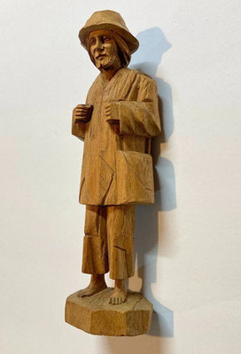 VTG Hand Carved Wood MAN Barefoot Figurine Traveler Wooden Figure 10'' Folk Art